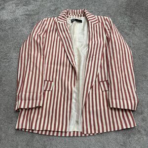 Zara Seersucker Blazer jacket Womens XS pink White Striped Single Breasted Work